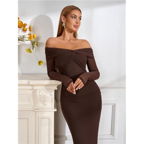 Off Shoulder Long Sleeve Maxi Dress Brown - Picture 3 of 6
